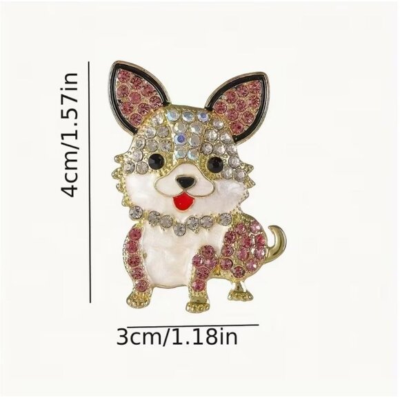 Cute Chihuahua Dog Brooch with Iridescent Crystals & Enamel Gold Tone - Picture 2 of 2